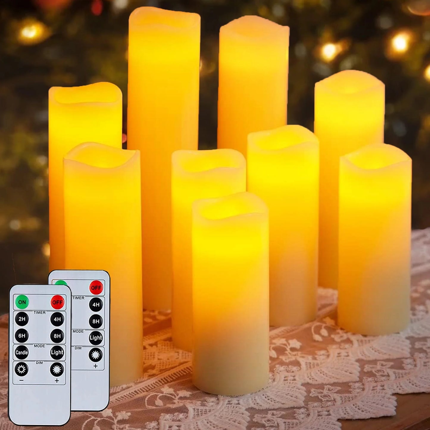 Flameless Pillar Candles with Remote,9 Pack Outdoor Large LED Fake Candles Battery Operated Electric Votive Flicker Lights,Ivory